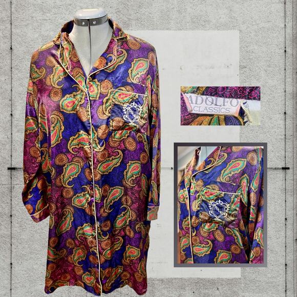 American Vintage Other - Vintage 80s Adolfo Classics Jewel Tone Silky Paisley Night Shirt Size XL